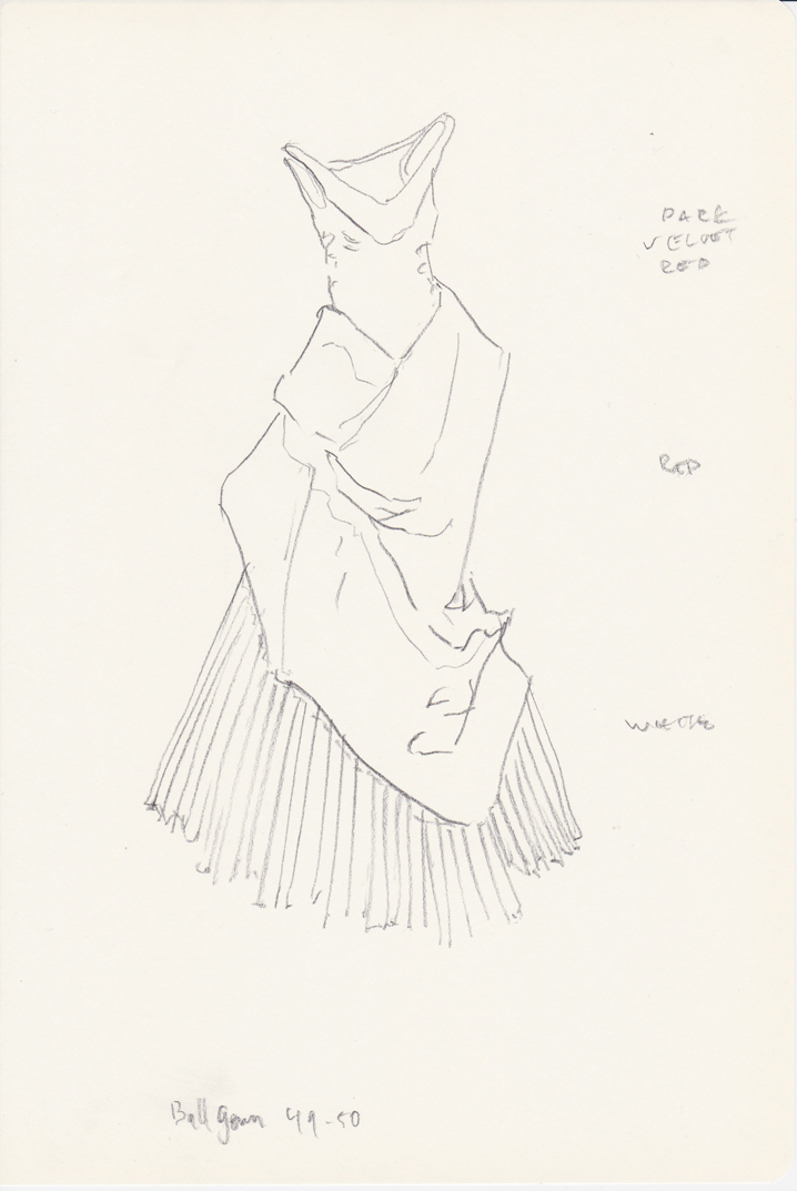 I saw the wonderful exhibit at the Met featuring the work of Charles James.  I brought my sketchbook with me a drew some of the dresses on display.  Afterwards I scanned and digitally colored the drawings.  The before and after are shown here.
